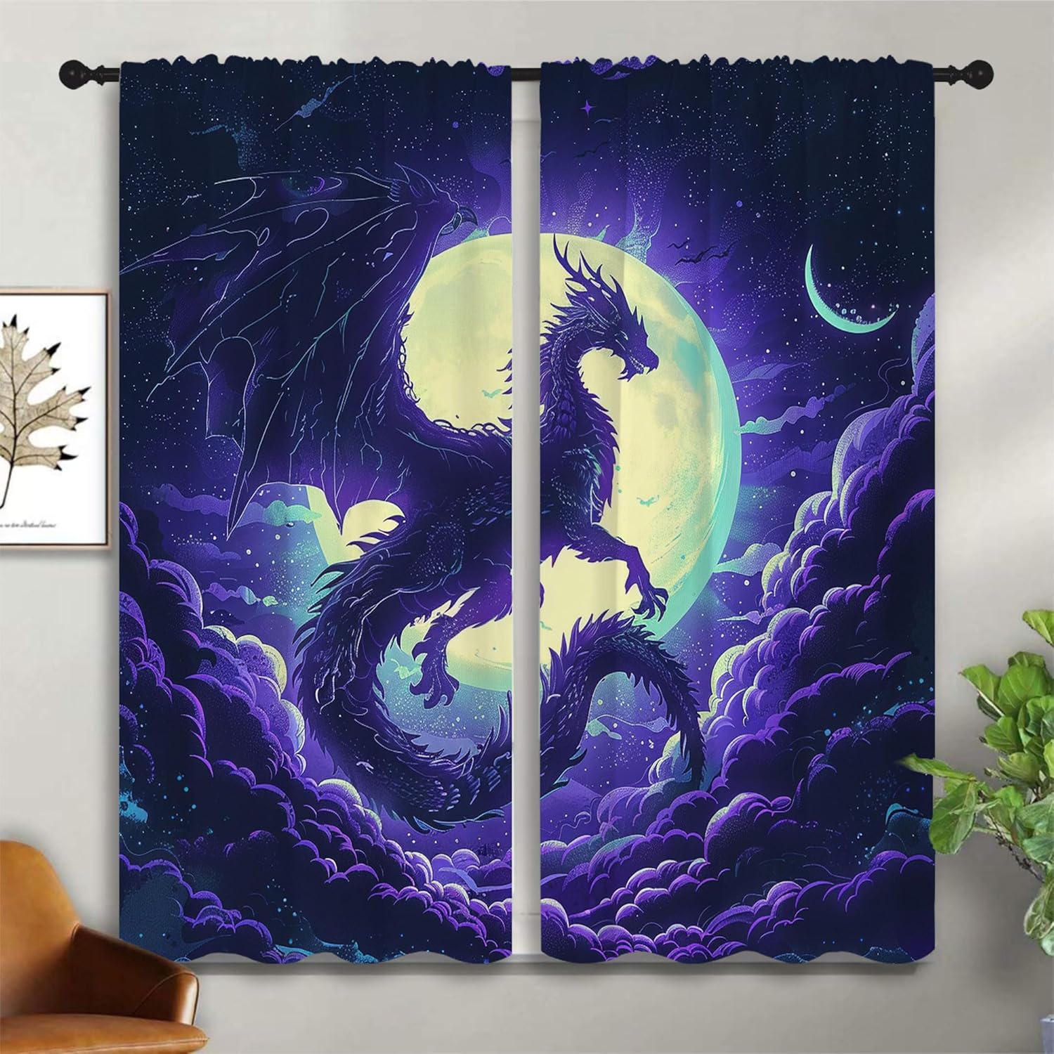 Blackout Curtain Nursery - Paarse Draak Verduisteringsgordijnen voor Jongens Meisje