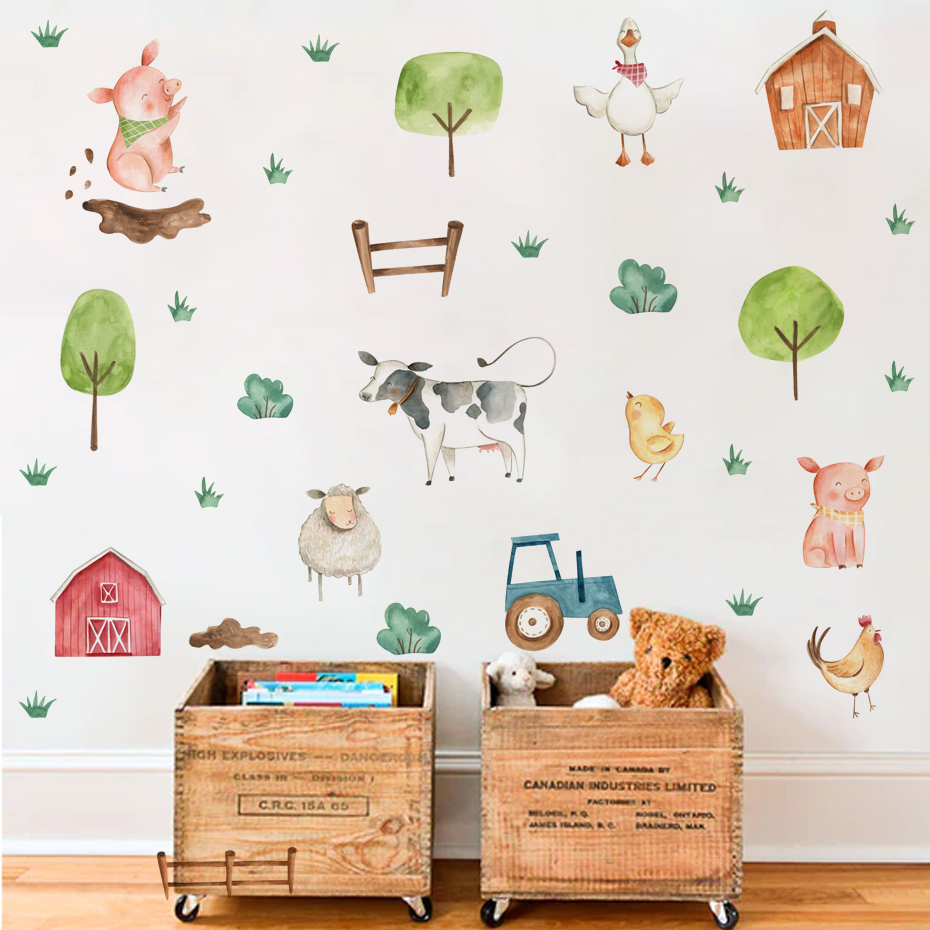 Baby Nursery Stickers - Boho Aquarel Schattige Boerderijdieren Varkensvee Muurstickers