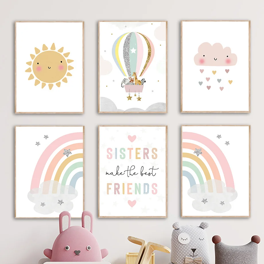 Baby Nursery Images - Giraffe Olifant Heteluchtballon Zon Regenboog Kinderkamer