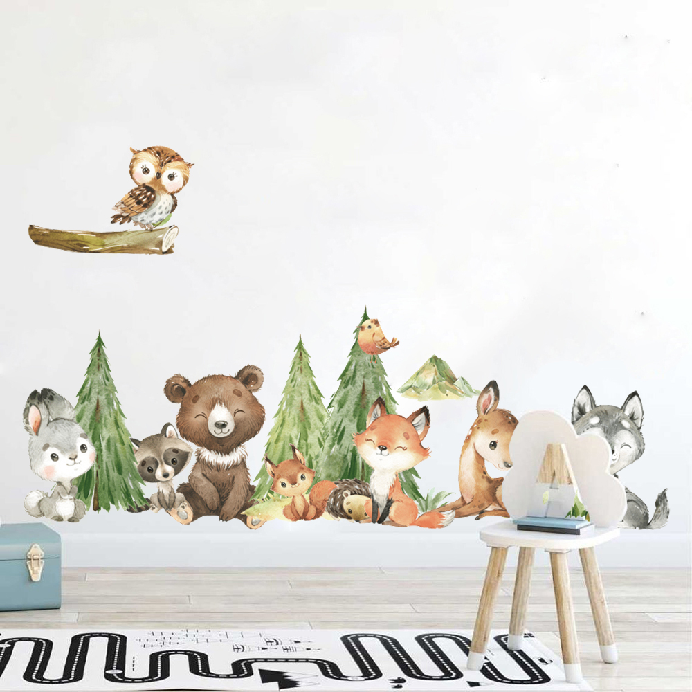 Baby Nursery Stickers - Cartoon aquarel bos dier muursticker kinderkamer