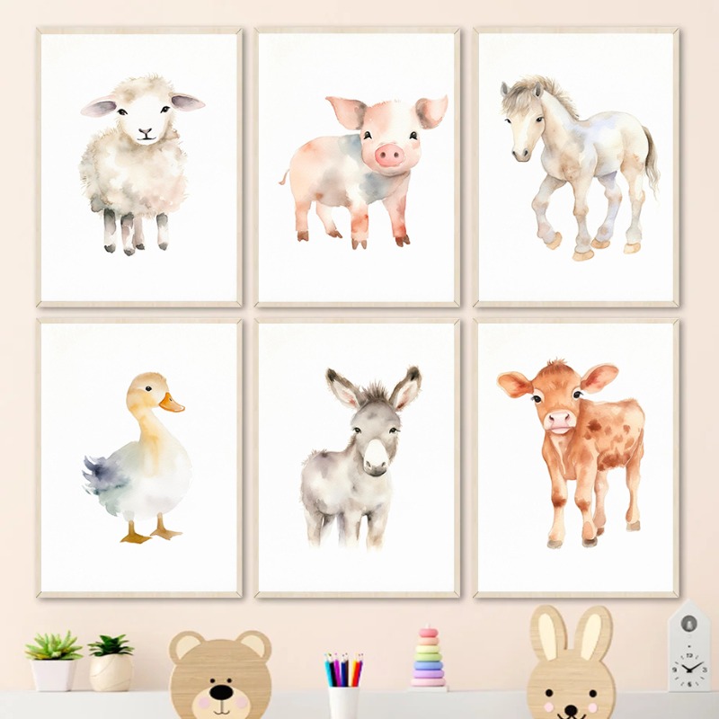 Baby Nursery Images - Aquarel Boerderijdieren Baby Paard Eenden Schapen