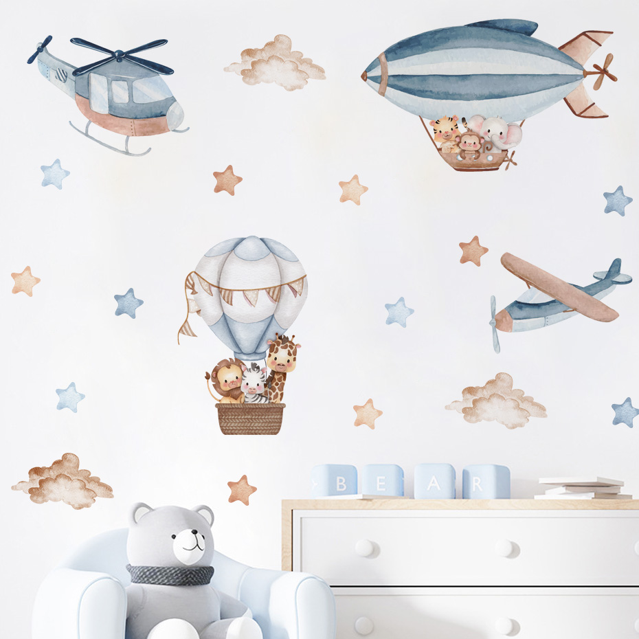 Baby Nursery Stickers - Aquarel Dieren Luchtballon Wolken Muurstickers voor