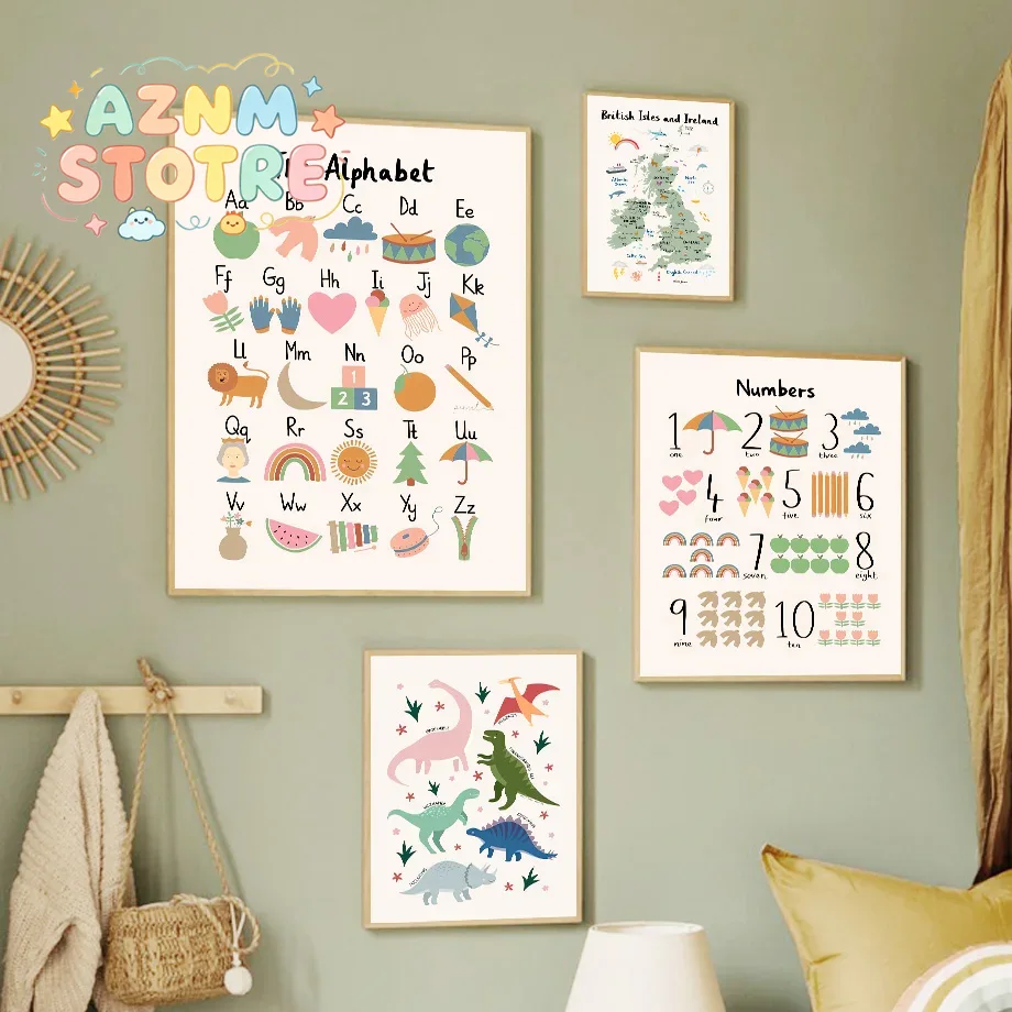 Baby Nursery Images - Dierenwereldkaart Dinosaurus Alfabet Nummer Canvas Wandkunst